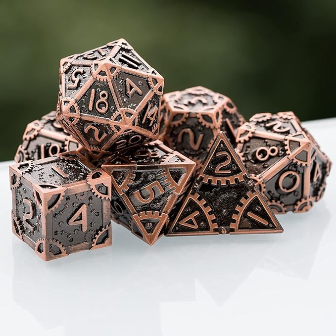 UDIXI Steampunk Metal Dice Set 7 Die Polyhedral DND Dice Set D&D Dice for Dungeons and Dragons Role Playing Game and Math Teaching (Ancient Copper)