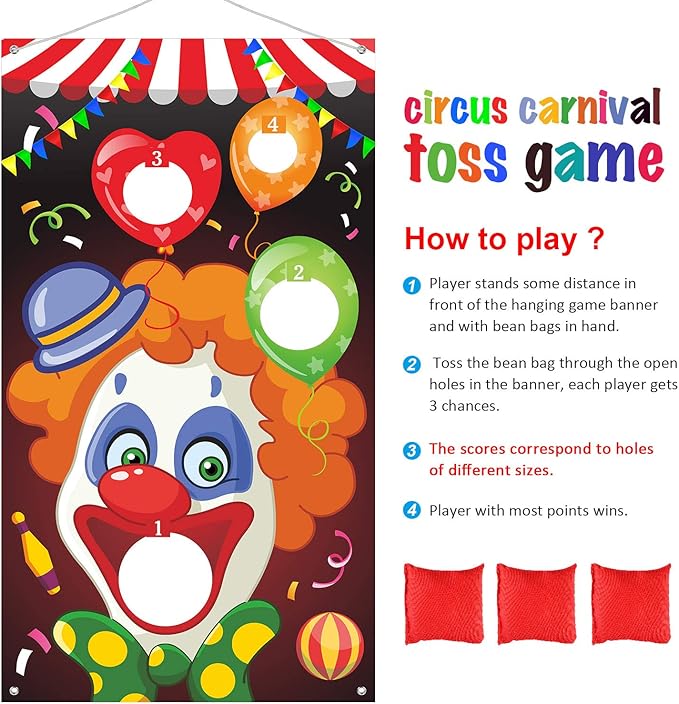 Blulu Carnival Toss Games Banner with 3 Bean Bags Carnival Game for Kids and Adults Circus Theme Party Decorations for Birthday Family Fun Throwing Indoor Outdoor