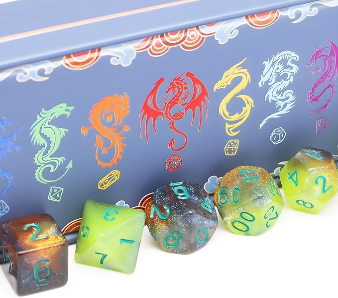 DND Dice Set with Dragon Totem Metal Gife Case, Dungeons and Dragons Dice Set,Polyhedral Dice Set Filled with Shiny Glitters,Role Playing Games and Tabletop Games (Green&Copper Luminous)