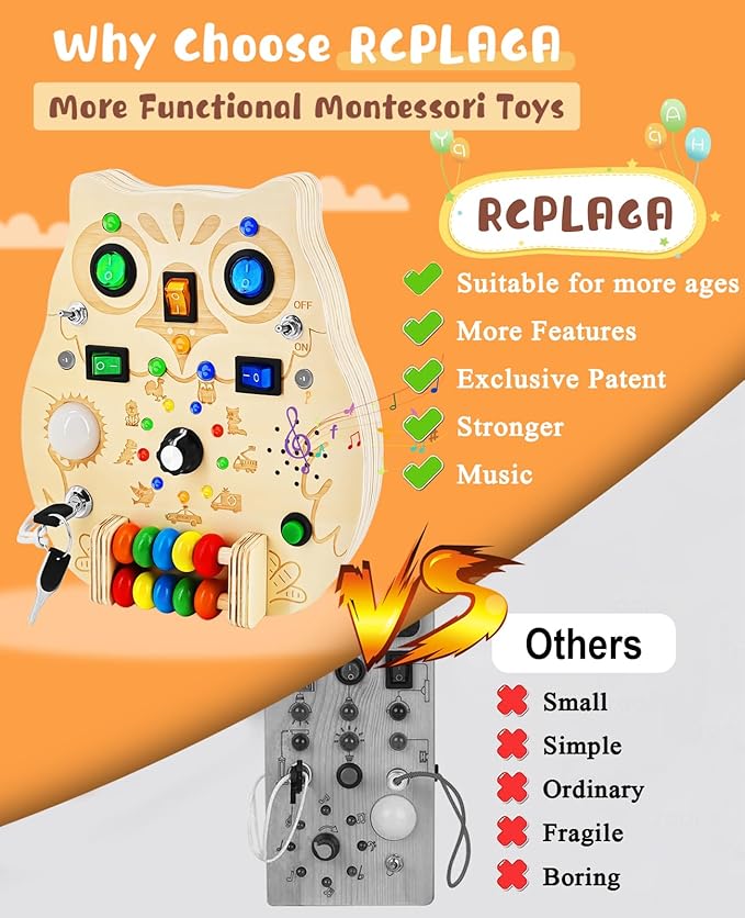 Busy Board,Montessori Wooden Sensory Toy with LED Light Switches, Music, Toddler Light Switch Activity Travel Toys for 1 2 3 Year Old Boys Girls Toddler Toys Gifts