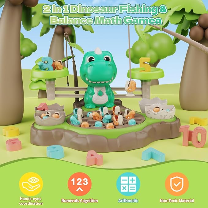 2 in 1 Dinosaur Magnetic Fishing & Balance Math Game, 21 Pcs Dinosaur Toys with 10 Interactive Math Cards, Math Learning Counting Toys, Pre-Educational Board Game for Ages 3-6 (Light Green)