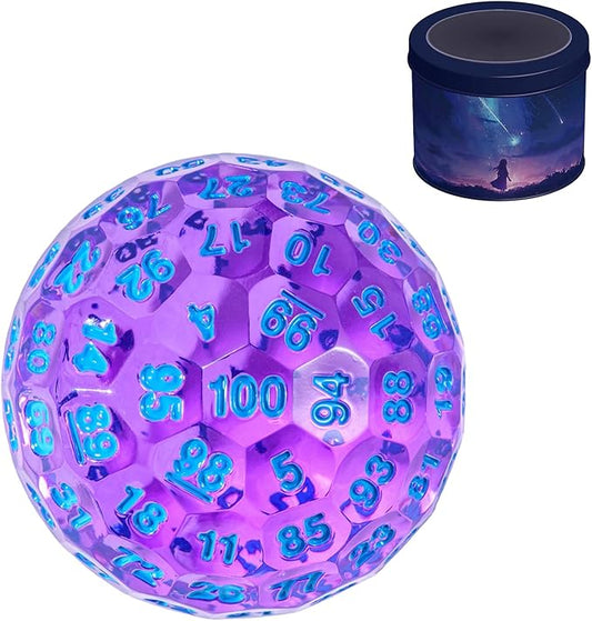 Upgraded D100 Die - 100 Sided Polyhedral Dice 50mm for D&D Games - Single Cube With Metal Storage Tin (T Purple/Blue Font)
