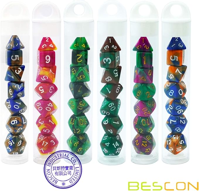 Bescon Mini Two Tone Polyhedral RPG Dice Set 10MM, Small Dice Set D4-D20 in Tube, 6 New Assorted Colored of 42pcs