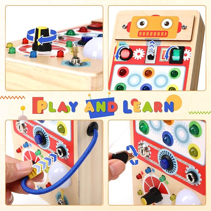 Upltowtme Montessori Busy Board for Toddlers LED Wooden Sensory Toy with 8 Switch Light Early Activity Motor Skills Educational Toy for 3+ Year Old Boys Girls Orange Robot Chirstmas Gift for Kid