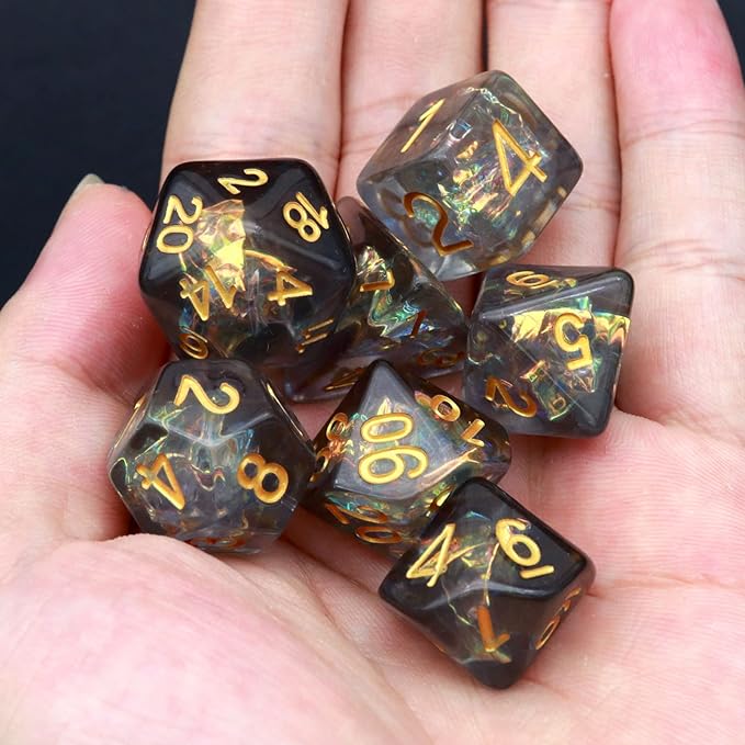 Haxtec Black DND Dice Set 7PCS Filled Resin Polyhedral D&D Dice W/Iridescent Mylar Inclusion Role Playing Dice Dungeons and Dragons Gift