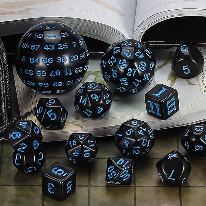 CiaraQ DND Polyhedral Dice Set (15pcs) D4-D100 Game Dice with Dice Bag for Dungeons and Dragons Role Playing Table Games (Black & Blue)