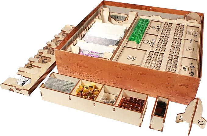 The Broken Token Terraforming Mars Compatible Base Game Organizer - Wood Storage Box with Multiple Trays & Card Shoe - Wooden Game Organizer