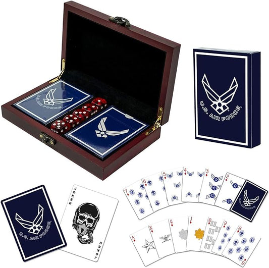 Military Gift Shop US Air Force Playing Cards & Dice in Keepsake Box - USAF Rank Insignia Cards - Air Force Gifts | Disabled Vet Owned Business | Air Force Card Set