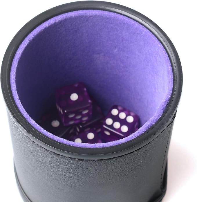 PU Leather Dice Cup Set, Purple Velvet Interior Dice Cup Shaker Quiet with 6 Purple Translucent Dice for Liars Dice/Farkle/Yahtzee Games, 1 Pack