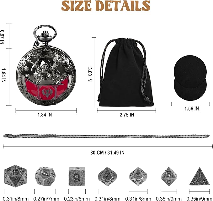 D&D Dice Set,7PCS Metal Dice for Dungeons and Dragons,Mini Dice Set with Pocket Watch Case,Role Playing Board Games Accessories (DM, Black)