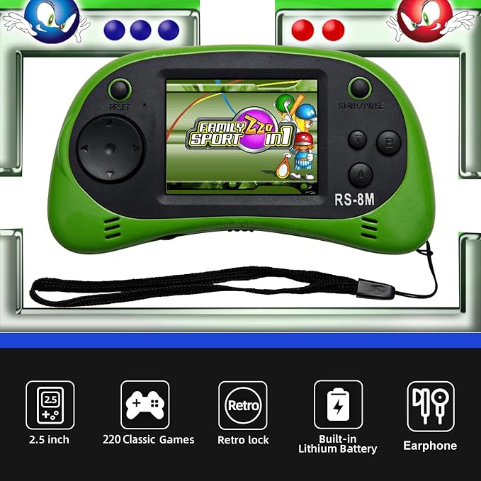 EASEGMER 16 Bit Kids Handheld Games Built-in 220 HD Video Games, 2.5 Inch Portable Game Player with Headphones - Best Travel Electronic Toys for Kids Age 3-10 Years Old Children (Green)