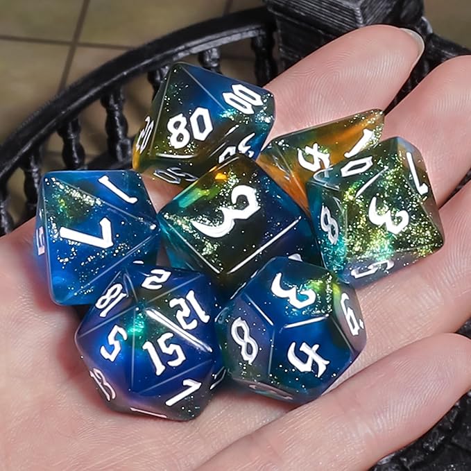CiaraQ DND Polyhedral Dice Set for Dungeons and Dragons RPG MTG Role Playing Table Games-with 1 Dice Pouch (Blue + Yellow + Glitter)