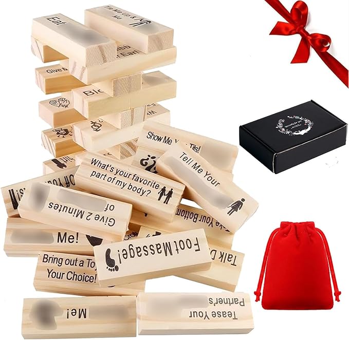 VKX 48Pcs Super Naughty Block Tower Game, Valentine Tumbling Wooden Tower Stacking Blocks Games for Date Night Ideas for Adults Night