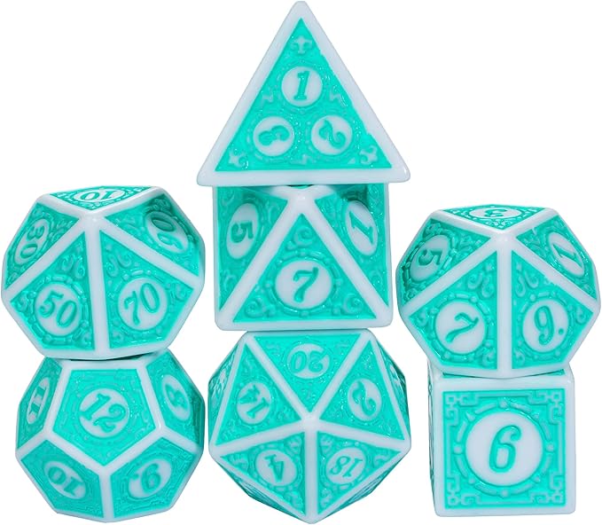 7PCs DND Dice Set, Unique Window Lattice Pattern D&D Dice Set with Leather Dice Bag, Polyhedral Dice for Dungeons and Dragons, RPG, Table Games (Cyan/White)
