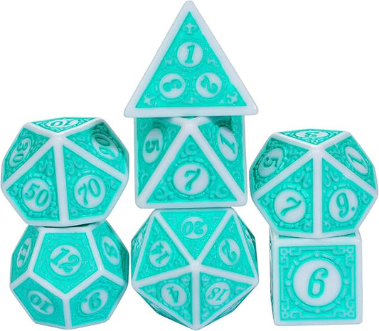7PCs DND Dice Set, Unique Window Lattice Pattern D&D Dice Set with Leather Dice Bag, Polyhedral Dice for Dungeons and Dragons, RPG, Table Games (Cyan/White)