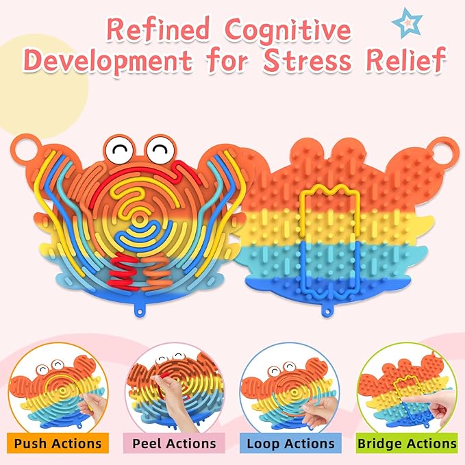 Silicone Sensory Activity Board,Double-Sided Busy Board for Fine Motor Skill,Fidget Toy for Calming, Stress, Anxiety, ADHD , Autism , Silent, No Mess , Kids 3+ & Adults(Crab,Colorful)