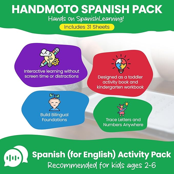 HandMoto Kids Spanish-English Activity Pack Sheets - Use Our Spanish Activity Pack for Any Age to Make Learning Fun - Improve Word Recognition & Vocabulary with Our Spanish-English Activity Pack