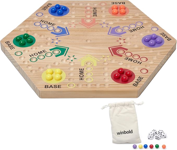 Flybold Wooden Marble Board Game Set for Adults and Kids - 6-Player Classic Strategy Game with Dice and Storage Bag - Durable Wooden Game Board for Family Fun, Indoor Parties, Picnics and BBQ Events