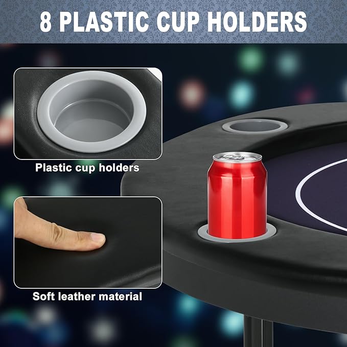 Poker Table Foldable, 8 Player Folding Poker Tables w/Collapsible Legs, Casino Grade Felt, Padded Rails and Cup Holders, Portable Poker Table for Texas Holdem Poker and Blackjack, 71 Inch