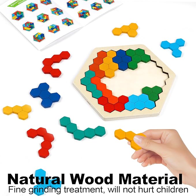 Wooden Puzzles for Kids,Brain Teaser Puzzles for Adults,STEM Montessori Educational Hexagon Puzzles Block Family Games Birthday Easter Gift for All Ages Challenge