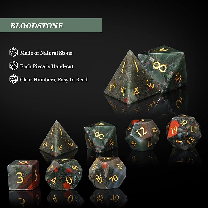 UDIXI Stone DND Dice Set, 7PCS Bloodstone Gemstone Dice Real Stone Dice with Gift Case for Dungeons and Dragons D&D and Tabletop Games