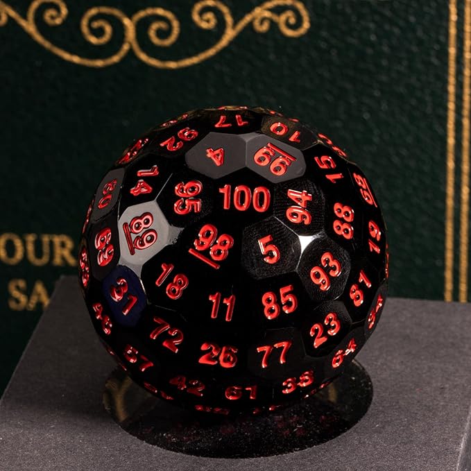 Upgraded 100 Sided Polyhedral Dice (D100), 50mm, Black/Red Font, Single Die, D&D Game Dice, Metal Storage Tin
