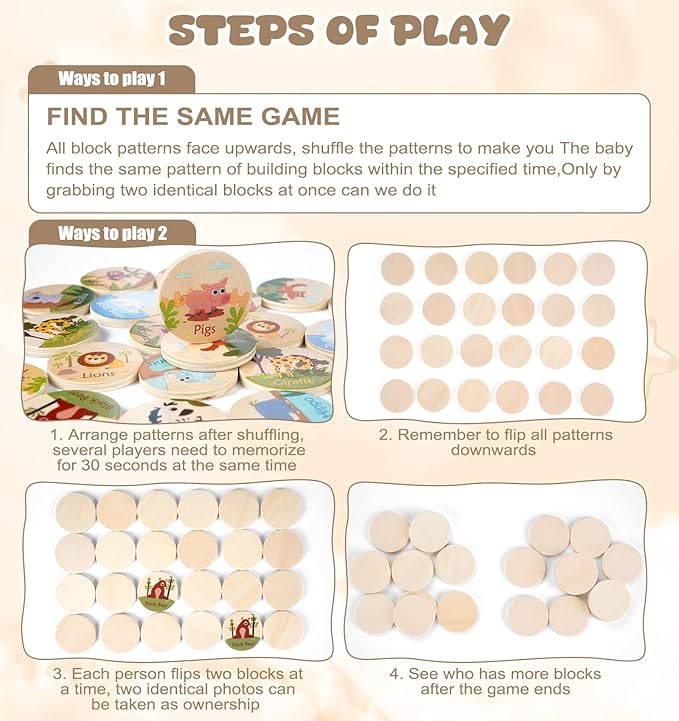24Pc Animal Memory Matching Cards, Wooden Memory Chess Age 3-5, Educational Memory Matching Game for Kids Adults Educational Game Family Travel Board Games for Early Learning Brain-Boosting