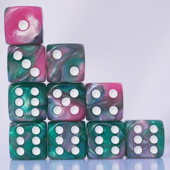 10 PC 16mm Acrylic Dice Set for RPG MTG DND Dice Table Games and Board Games (Pink + Green)