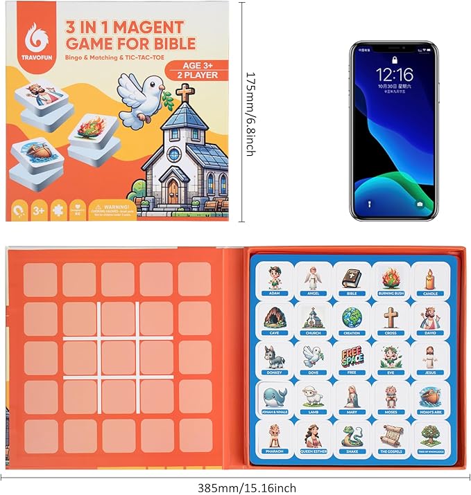 Magnetic 3 in1 Bible Games for Kids -Includes Bingo,Tic-Tac-Toe, Memory Games for Kids Ages 4-8, Perfect for Travel, Family Fun,Christian Game for Toddlers