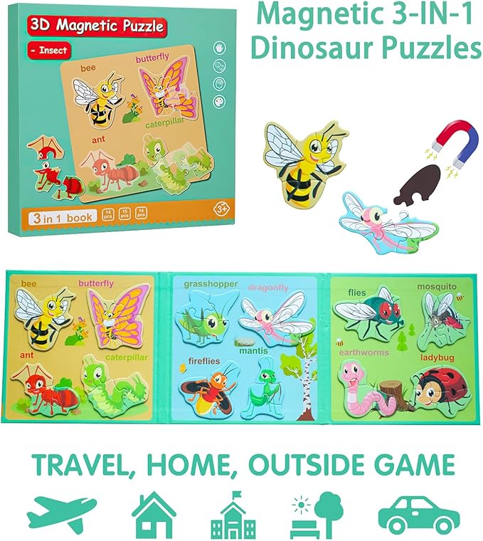 Magnetic Puzzles for Toddlers 1-3, Travel Puzzles for Kids Ages 2-4, Animal Activities Toy Wooden Jigsaw Puzzles Book for Boys & Girls 3-5, Learning Magnet Present for Road Trip