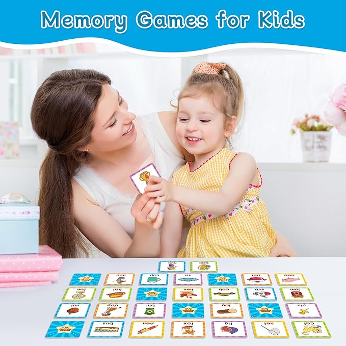 CVC Word Games Kindergarten, Memory Games for Kids Ages 4-8 & Matching Games for Toddlers 3-5, 60 PCS Phonics Games Flash Cards, Educational Toys Homeschool Supplies for Boys and Girls