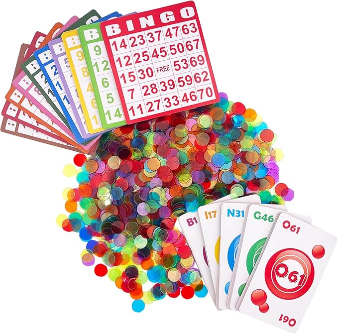 Bingo Game Set-1000 Colorful Chips with a Bag,100 Bingo Cards and Jumbo Deck of Calling Cards for Adults, Seniors, and Family - Calling Card Set- Ideal for Large Groups, Parties, Game Nights