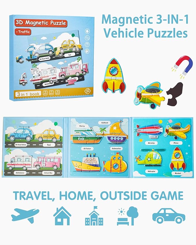 Magnetic Puzzles for Toddlers 1-3, Travel Puzzles Games for Kids Ages 1 2 3 4 5, Traffic Car Activities Toy Jigsaw Puzzles Book for Boys & Girls 3-5 2-4, Learning Magnet Gift for Road Trip (Vehicle)