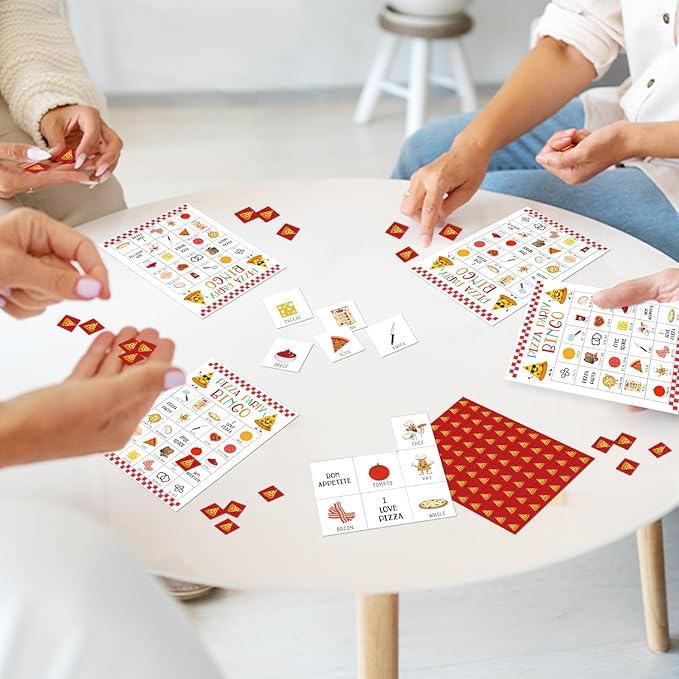 Pizza Party Bingo Game - 24 Player Bingo Cards for Women, Men, Family & Friends - Holiday Party Activities & Supplies - JK0102