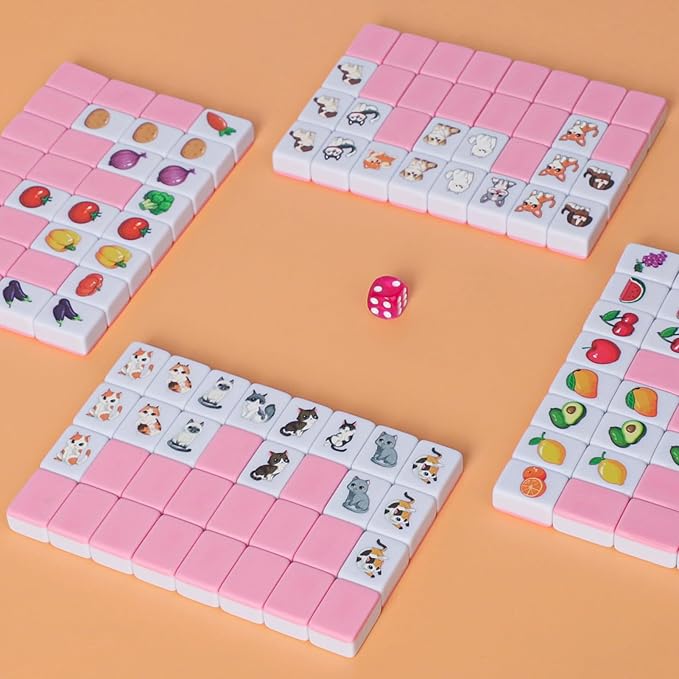 GRACIAS 4 Players Mahjong Block Set, 128 Pink Tiles(1.18”) with Animal and Food Pattern, Portable Mahjong Set with A Carry Bag, Mahjong Tile Game