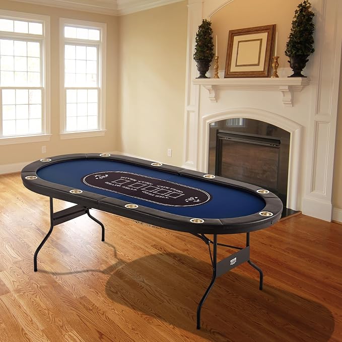 VEVOR 10 Player Poker Table Foldable, Portable Folding Card Board Game Table, Blackjack Texas Holdem Table with Padded Rails and Stainless Steel Cup Holders,Blue (84 in), Casino Leisure Table