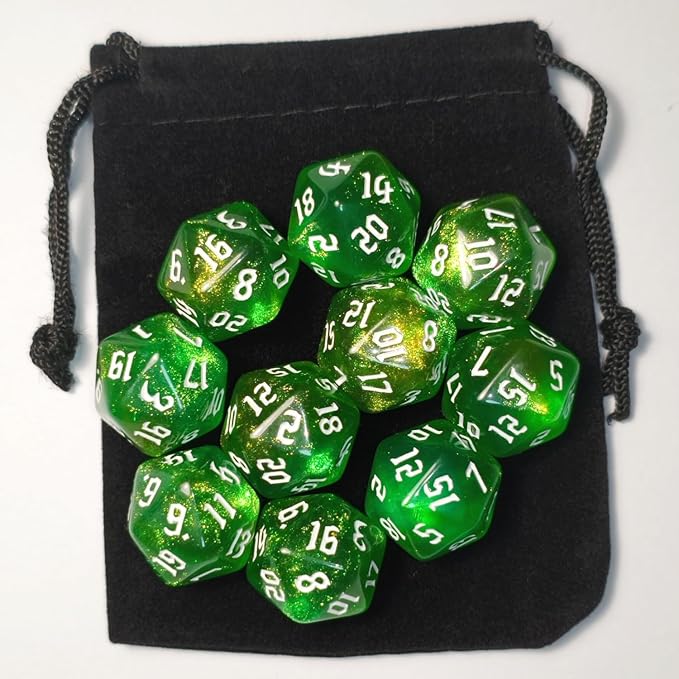10PCs D20 Polyhedral Dice Set 22mm for DND RPG MTG Dungeons and Dragons Dice (Green)