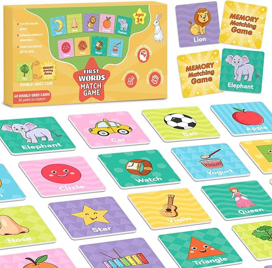 First Words Flashcards-Memory Game, Memory Games for Kids Ages 4-8 & Matching Games for Toddlers 3-5, 60 PCS Phonics Games Flash Cards, Memory Card Game Speech Therapy Materials for Boys & Girls