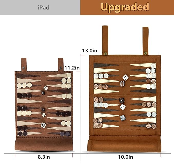 Woodronic 3 in 1 Backgammon Chess Checkers Set, Roll Up Travel Game Set for Adults and Kids, Brown, 13'' x 10''