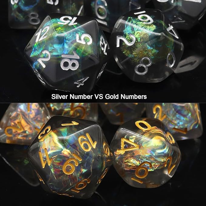 Haxtec DND Dice Set 7PCS Resin Dice Set Black with Iridescent Mylar Inclusion Polyhedral D&D Dice for Roleplaying Dice Games as Dungeons and Dragons