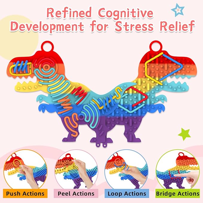 Silicone Sensory Activity Board,Double-Sided Busy Board for Fine Motor Skill,Fidget Toy for Calming, Stress, Anxiety, ADHD , Autism , Silent, No Mess , Kids 3+ & Adults(Dinosaur,Colorful)