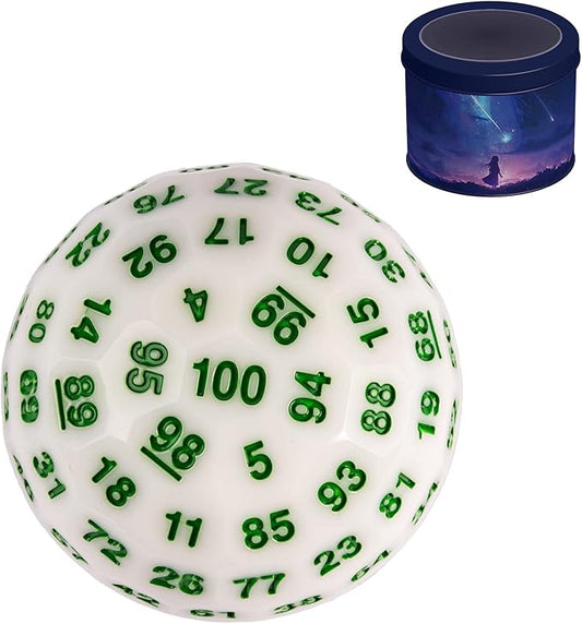 Upgraded D100 Die - 100 Sided Polyhedral Dice 50mm for D&D Games - Single Cube With Metal Storage Tin (White/Green Font)