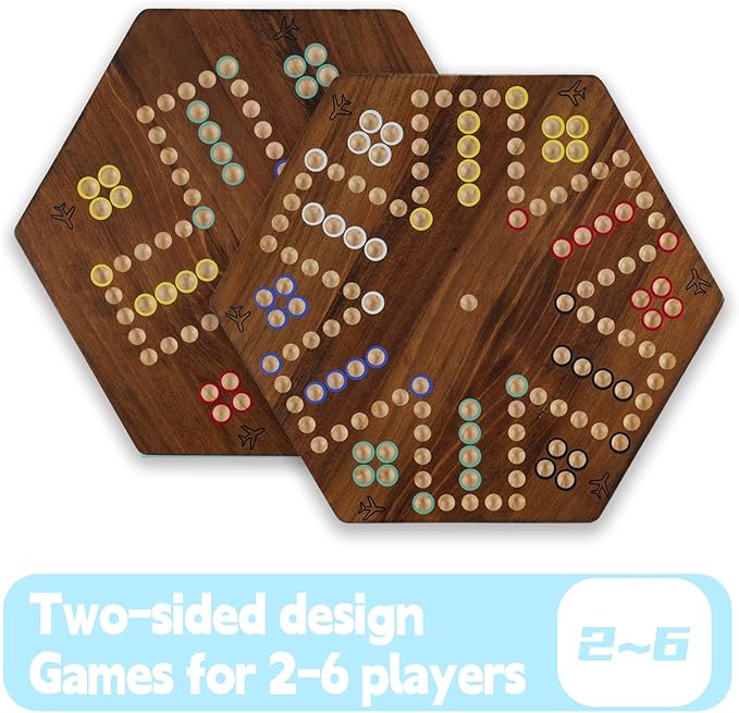 15 inches Wooden Fast Track Board Game Original Wahoo Board Game for 6 and 4 Players with Marbles and Dices Burnt Color Board Marble Game(Small)