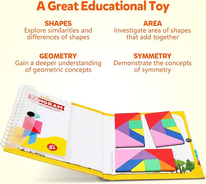 Travel Tangram Puzzle - Magnetic Puzzle Book for Road Trips, STEM Jigsaw Game with 3 Tangram Sets, Patterns Solutions - Brain Teaser IQ Toy for Kids and Adults, Ideal Educational Gift (240)