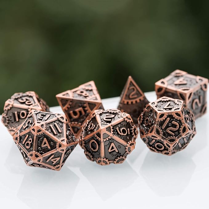 UDIXI Steampunk Metal Dice Set 7 Die Polyhedral DND Dice Set D&D Dice for Dungeons and Dragons Role Playing Game and Math Teaching (Ancient Copper)
