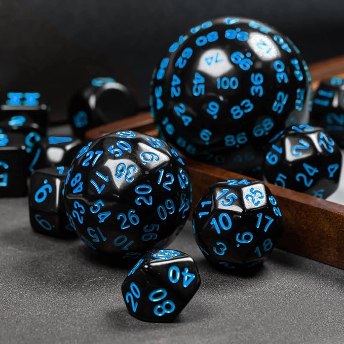 15 Pieces Complete Polyhedral DND Dice Set D3-D100 Spherical D&D Dice Set with Dragon Eye Dice Bag, D100 Dice for Dungeons and Dragons, RPG, MTG Table Games(Black w/Blue Numbers)