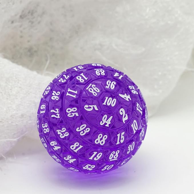 100 Sided Polyhedral Dice, Single D100 Game Dice, 100 Sided Cube with Black Pouch, D100 die 48 mm (Purple with White Number)