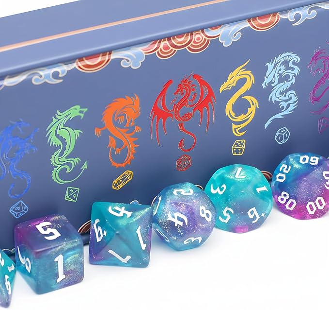 DND Dice Set with Dragon Totem Metal Gife Case, Dungeons and Dragons Dice Set,Polyhedral Dice Set Filled with Shiny Glitters,Role Playing Games and Tabletop Games (Green&Pink)