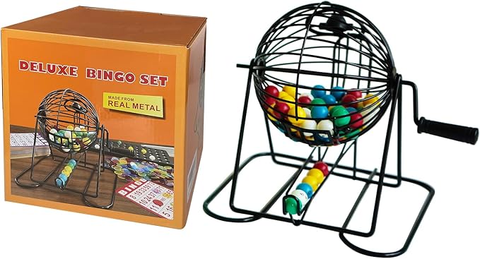 Yuanhe Deluxe Bingo Game Set - Metal Round Cage, 75 Colored Bingo Balls, 100 Bingo Cards, 500 Mixed Chips and Master Board for Large Groups, Parties