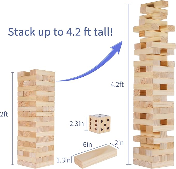 Giant Tumble Tower, 56 PCS Wooden Stacking Game (Stack to 4.2FT) - Pine Stack Timber Board Play with Carrying Bag - Classic Indoor/Outdoor Games for Adults Family